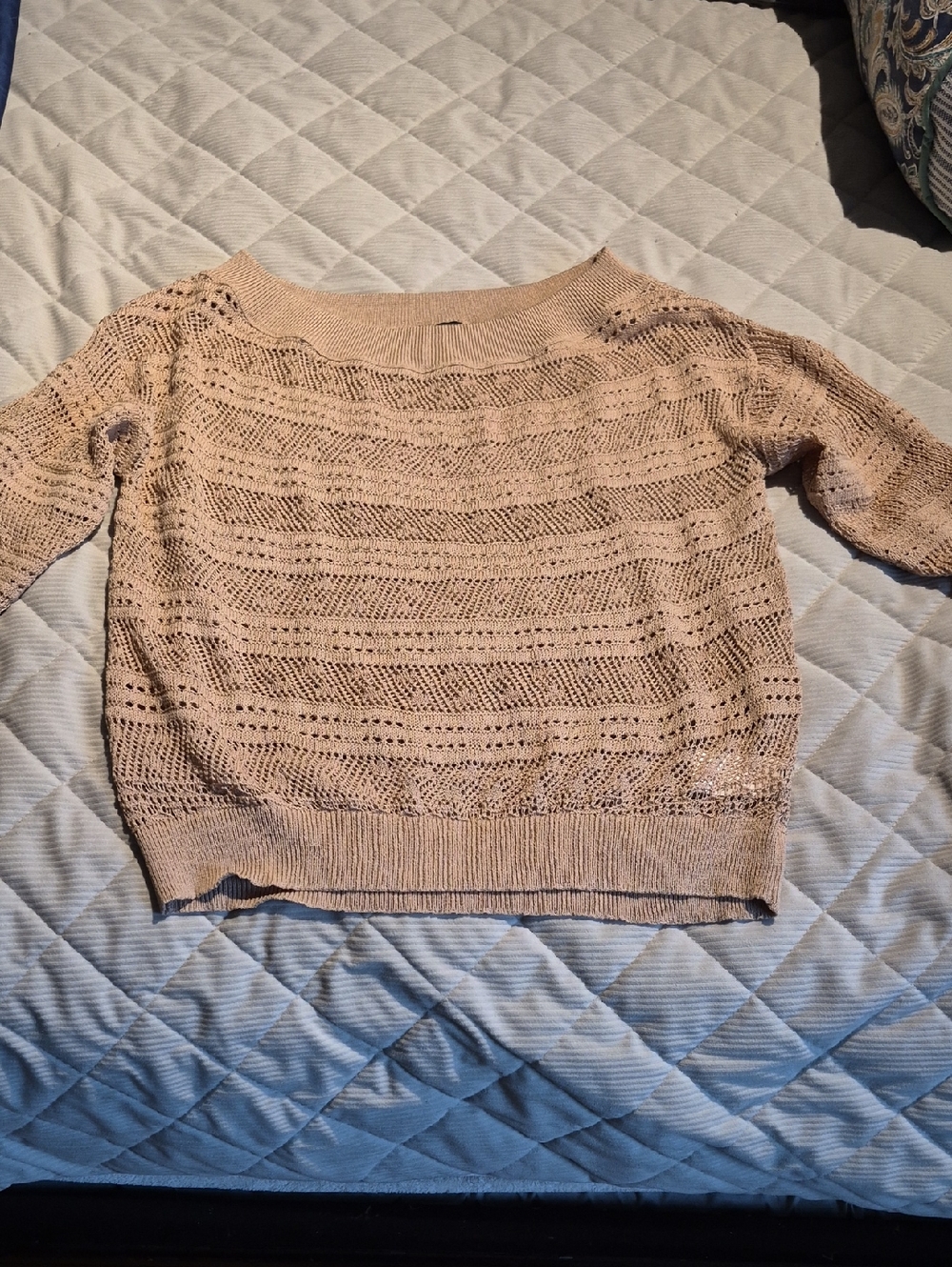 Express Open-Stitch Off-the-Shoulder Sweater in Beige